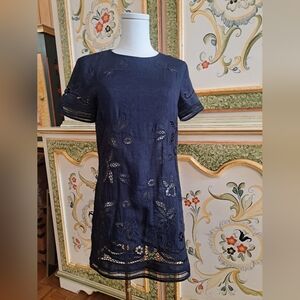 Navy Eyelet Short Sleeve Shift Dress